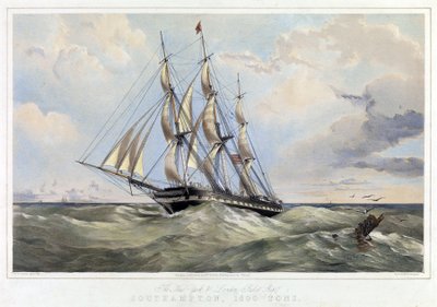 New Yorkin linjan purjevene (Yhdysvallat) Lontoo (Englanti), Southampton (kapasiteetti 1600 tonnia). Thomas Goldsworth Duttonin (1819-1891) värilitografia. tekijältä Thomas Goldsworth Dutton