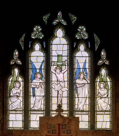 Hornblotton, St Peter, James Powell & Sons, Thomas G Jackson, East Window, Crucifixion & Angels, 1874 tekijältä Thomas Graham Jackson