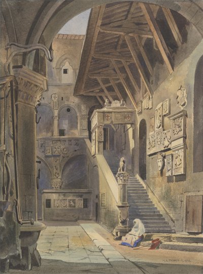 Bargellon tuomioistuin, Firenze, 1839 (wc musteella ja kynällä paperilla) tekijältä Thomas Hartley Cromek