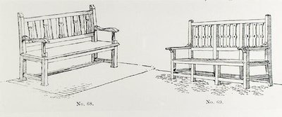 Puutarhapenkit, Thomas Mawsonin teoksesta "The Art and Craft of Garden Making", julkaistu 1900 (kaiverrus) (m/v kuva) tekijältä Thomas Hayton Mawson