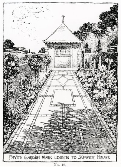 Paved Garden Walk, joka johtaa kesämökkiin, Thomas Mawsonin teoksesta "The Art and Craft of Garden Making", julkaistu 1900 tekijältä Thomas Hayton Mawson