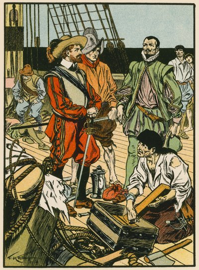 Vangittu aarre. Sir Francis Drake (värilitografia). tekijältä Thomas Heath Robinson