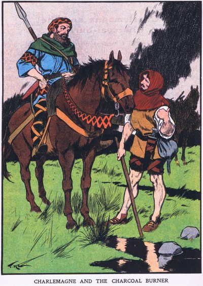 Kaarle Suuri ja hiilipoltin (värilitografia) tekijältä Thomas Heath Robinson