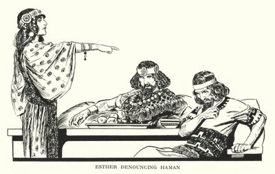 Ester tuomitsee Haamanin (litografia) tekijältä Thomas Heath Robinson