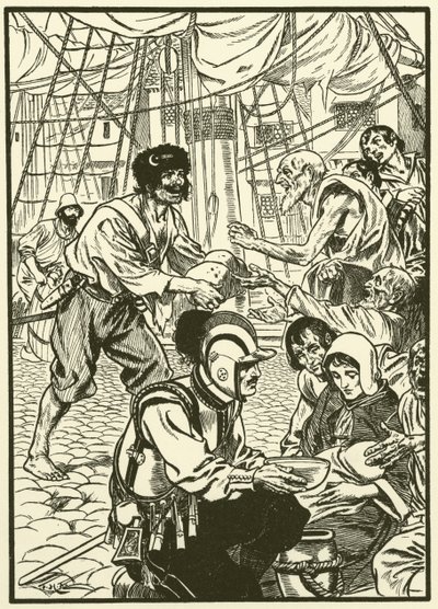 Nälkäisten kansalaisten ruokkiminen (kaiverrus) tekijältä Thomas Heath Robinson