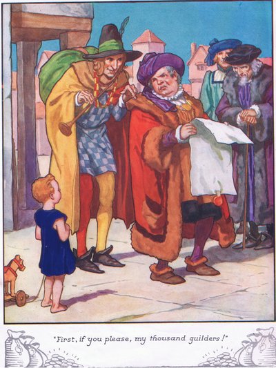 "Ensin, jos sallitte, tuhat guldeniani" (värilitografia). tekijältä Thomas Heath Robinson