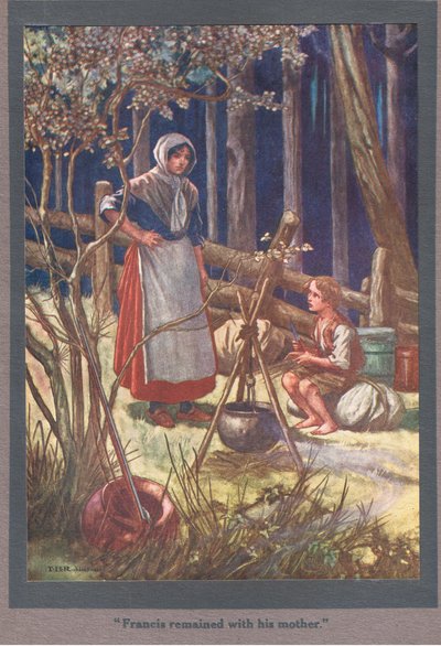 Franciscus jäi äitinsä luo (värilitografia). tekijältä Thomas Heath Robinson
