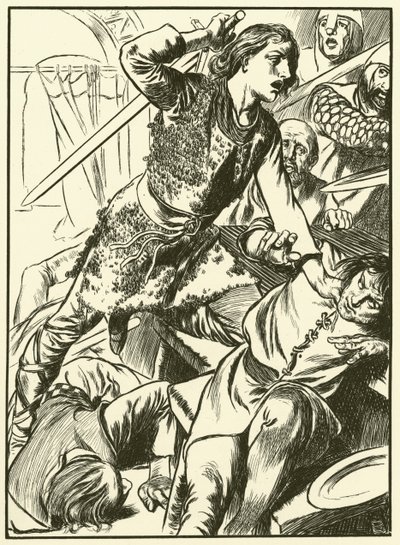 Hereward ja hänen miehensä hyökkäävät normannien kimppuun (kaiverrus) tekijältä Thomas Heath Robinson