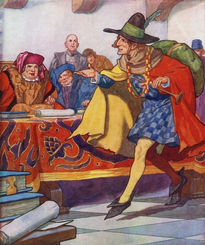 Kuvitus Hamelinin kyyhkynen (värilitografia) tekijältä Thomas Heath Robinson