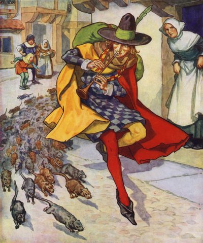 Kuvitus Hamelinin kyyhkysen kujeeseen (värilitografia) tekijältä Thomas Heath Robinson
