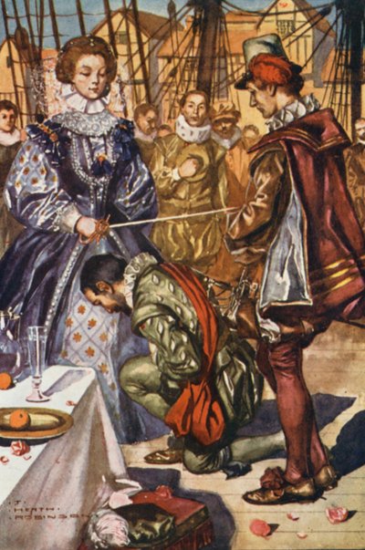 Sir Francis Draken elämää koskeva kuvitus (värilitografia) tekijältä Thomas Heath Robinson