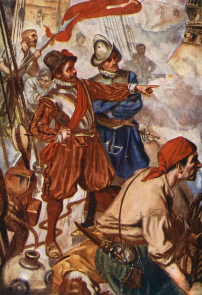 Sir Francis Draken elämää koskeva kuvitus (värilitografia) tekijältä Thomas Heath Robinson