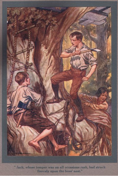 Jack, jonka luonne oli aina äkkipikainen, oli iskenyt raivokkaasti mehiläispesään (värilitho). tekijältä Thomas Heath Robinson
