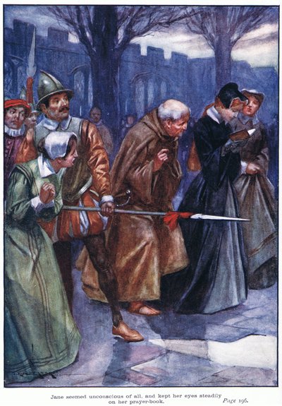 Jane näytti olevan tietämätön kaikesta ja piti katseensa vakaasti rukouskirjaansa (värillinen litografia). tekijältä Thomas Heath Robinson