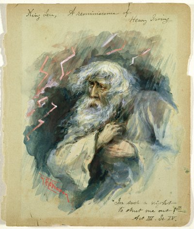Kuningas Lear, Henry Irvingin muistelmat: "(akvarelli) 34:Kuningas Lear (näytös III, kohtaus 4). 34:Kuningas Lear (näytös III, kohtaus 4): "In such a night To shut me out!", Henry Irvingin muistelu (akvarelli). tekijältä Thomas Heath Robinson