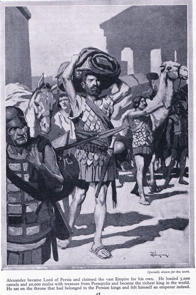 Kaupungin aarteiden ryöstäminen: Aleksanterista tuli Persian herra. Hän lastasi kaikki Persepoliksen aarteet tullakseen hyvin rikkaaksi, noin 1950 (litografia). tekijältä Thomas Heath Robinson