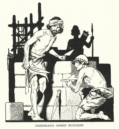 Nehemian aseistetut rakentajat (litografia) tekijältä Thomas Heath Robinson