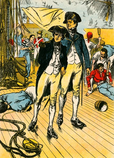 Nelson "Victory"-aluksella Trafalgarissa (värilitografia) tekijältä Thomas Heath Robinson