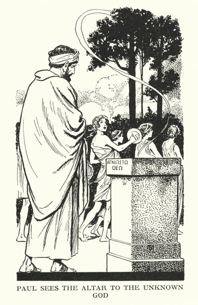 Paavali näkee alttarin tuntemattomalle Jumalalle (litografia). tekijältä Thomas Heath Robinson