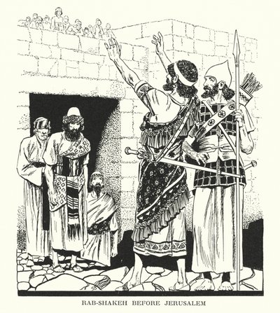 Rab-Shakeh ennen Jerusalemia (litografia) tekijältä Thomas Heath Robinson
