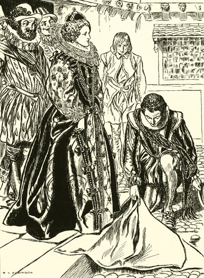Raleigh levittää viittansa Elisabetin eteen (kaiverrus). tekijältä Thomas Heath Robinson