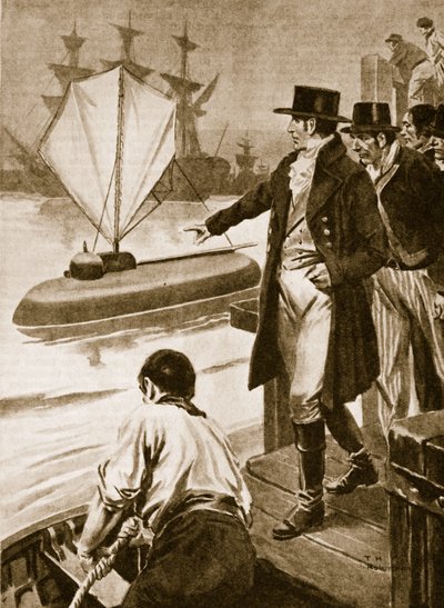 Robert Fulton Ranskassa esittelemässä sukellusvenettään "Nautilus" toiminnassa (litografia). tekijältä Thomas Heath Robinson
