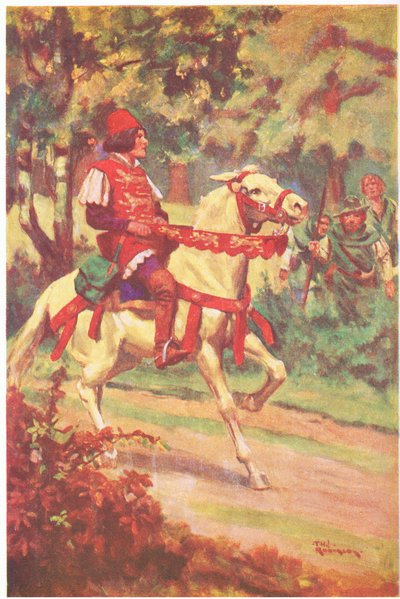 Robin ja hänen seuralaisensa näkivät isäntä Patringtonin ratsastavan heitä kohti (väriliitoskuva). tekijältä Thomas Heath Robinson