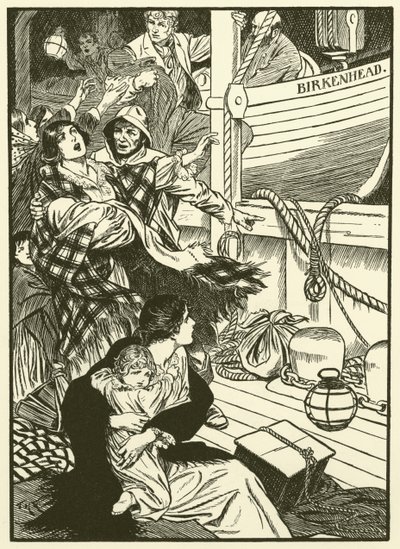 Naisten ja lasten pelastaminen (kaiverrus) tekijältä Thomas Heath Robinson