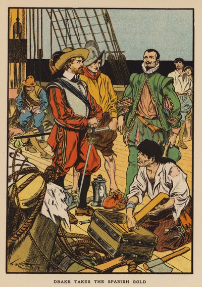 Sir Francis Drake vie Espanjan kullan (värilitografia) tekijältä Thomas Heath Robinson