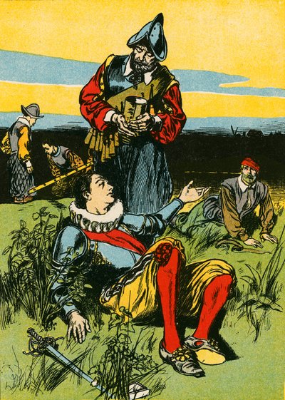 Sir Philip Sidney ja kuoleva sotilas (värilitografia) tekijältä Thomas Heath Robinson