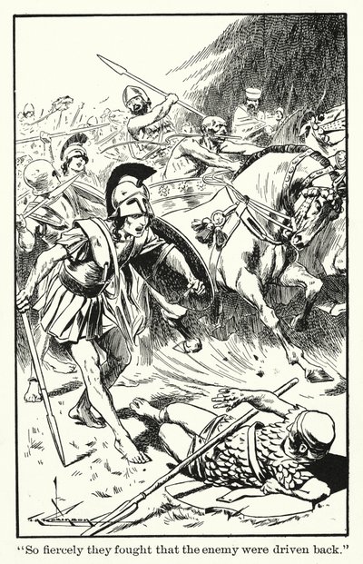 "He taistelivat niin kiivaasti, että vihollinen ajettiin takaisin" (litografia) tekijältä Thomas Heath Robinson