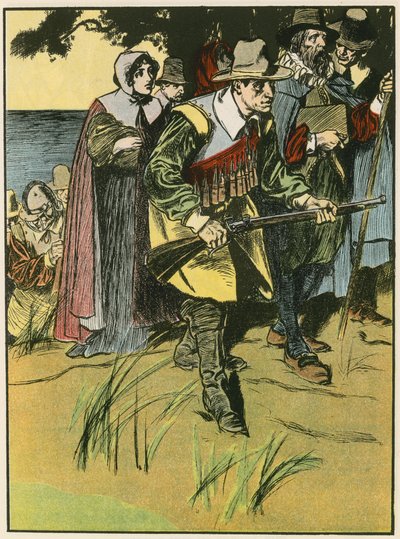 Pyhiinvaeltajaisät saapuvat Uuteen maailmaan (värilitografia) tekijältä Thomas Heath Robinson