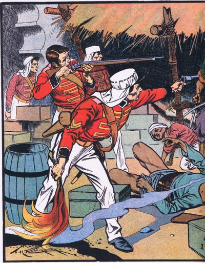Lehden tuhoaminen Delhissä (värilitografia) tekijältä Thomas Heath Robinson