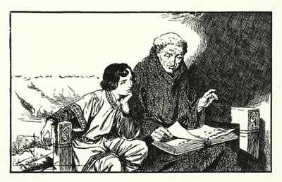 Tulevan kuningas Alfredin kouluttaminen (litografia) tekijältä Thomas Heath Robinson
