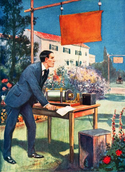 Langaton lennätin, yksi Marconin varhaisimmista kokeiluista (värilitografia). tekijältä Thomas Heath Robinson