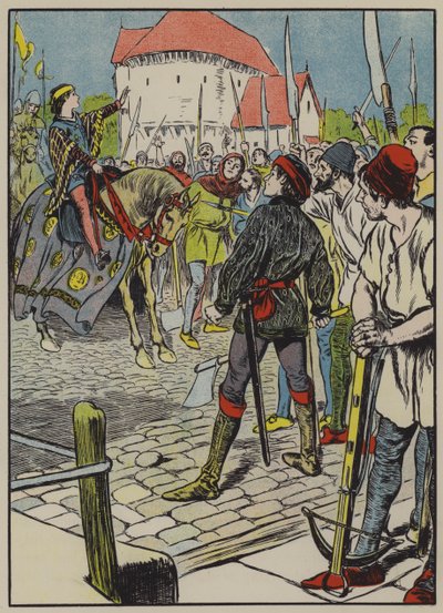 Nuori kuningas Rikhard tukahduttaa kapinan (värilitografia) tekijältä Thomas Heath Robinson