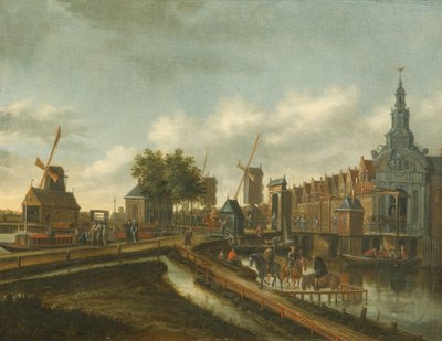 Haarlemmer Poort Amsterdamissa hahmoineen tiellä ja veneissä (öljy kankaalle) tekijältä Thomas Heeremans