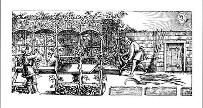 Lehtimaja rakennetaan varjoksi aurinkoa vasten, Puutarhurin labyrintti, 1586 tekijältä Thomas Hill