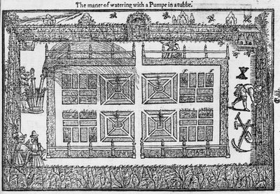 Kastelumenetelmä pumpulla ammeessa, teoksesta Puutarhurin labyrintti, 1577. tekijältä Thomas Hill