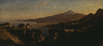 Näkymä kreikkalaisen teatterin raunioista Taorminassa, Sisiliassa, Etna-vuorella (tupakointi) tekijältä Thomas Hiram Hotchkiss