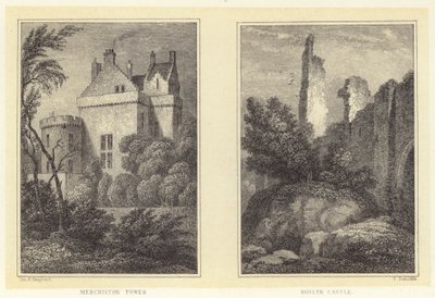 Merchiston Tower; Roslynin linna (kaiverrus) tekijältä Thomas Hosmer (after) Shepherd