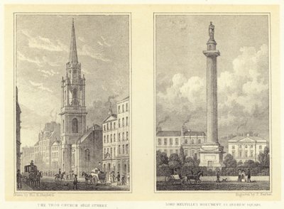 Tronin kirkko, High Street; Lord Melvillen monumentti, St Andrew Square (kaiverrus) tekijältä Thomas Hosmer (after) Shepherd