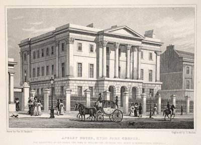 Apsley House, Hyde Park Corner, "Lontoo ja sen ympäristö 1800-luvulla" -pubista. Jones und Co., 1827-1829 tekijältä Thomas Hosmer Shepherd