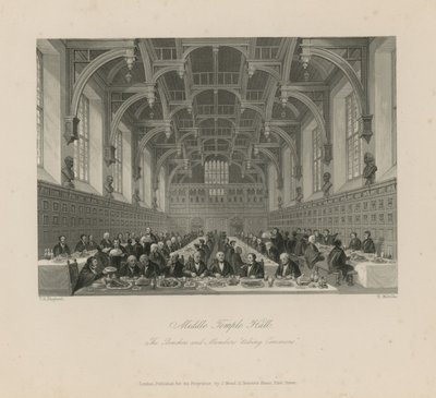 Penkit ja jäsenet "ottamassa yhteisomaisuutta" Middle Temple Hallissa tekijältä Thomas Hosmer Shepherd
