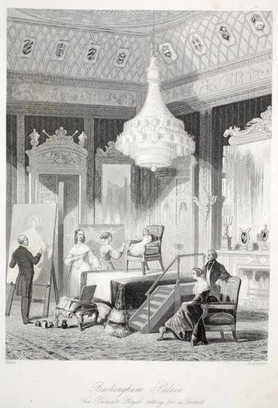 Buckinghamin palatsi - Prinsessa Royal istuu muotokuvaa varten, Lontoon sisätiloista, joissa on heidän puvut ja seremoniat pubi. Joseph Mead, Lontoo, noin 1843, teräskaiverrus. tekijältä Thomas Hosmer Shepherd