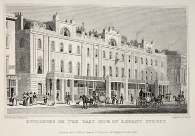Rakennukset Regent Streetin itäpuolella, pubista "Lontoo ja sen ympäristö 1800-luvulla". Jones und Co., 1827-1829 tekijältä Thomas Hosmer Shepherd