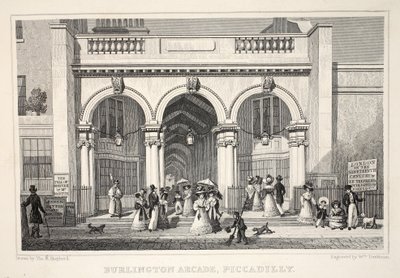 Burlington Arcade, Piccadilly, "Lontoo ja sen ympäristö 1900-luvulla" -pubista. Jones und Co., 1827-1829 tekijältä Thomas Hosmer Shepherd