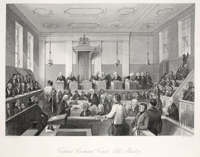 Keskusrikostuomioistuin Old Baileyssa, "London Interiors with their Costumes and Ceremonies" -pubista. Joseph Mead, Lontoo, n. 1843 (teräskaiverrus) tekijältä Thomas Hosmer Shepherd