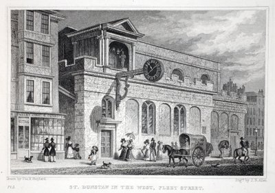 St Dunstanin kirkko lännessä, Fleet Street, pubista "Lontoo ja sen ympäristö 1800-luvulla". Jones und Co., 1827-1829 tekijältä Thomas Hosmer Shepherd