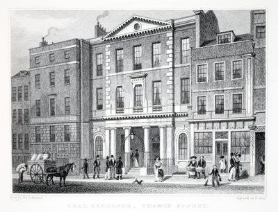 Coal Exchange, "Lontoo ja sen ympäristö yhdeksäntoista vuosisadalla" -pubista. Jones und Co., 1827-1829 tekijältä Thomas Hosmer Shepherd